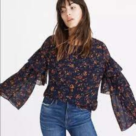 Madewell Tops - Madewell Floral Bell Sleeve Blouse - Navy and Red